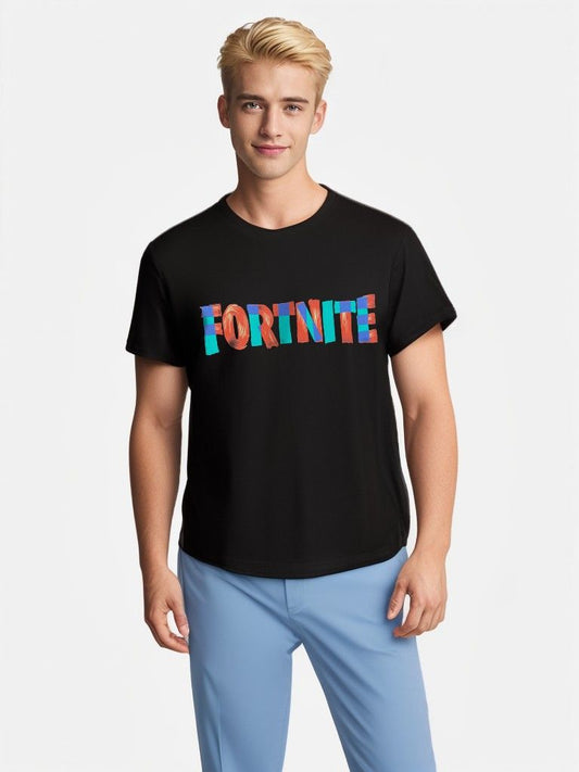 Model wearing black Fortnite™ graphic tee with colorful logo print, teens' sizing.
