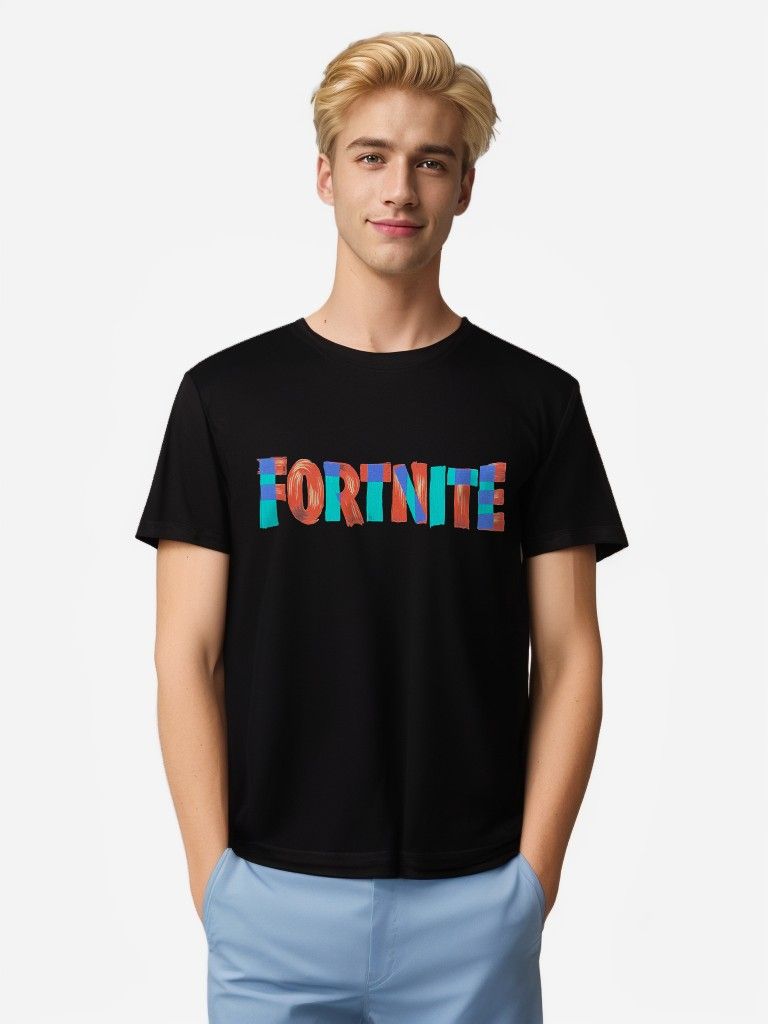 Side view of model showcasing black Fortnite™ graphic tee with multicolor lettering.