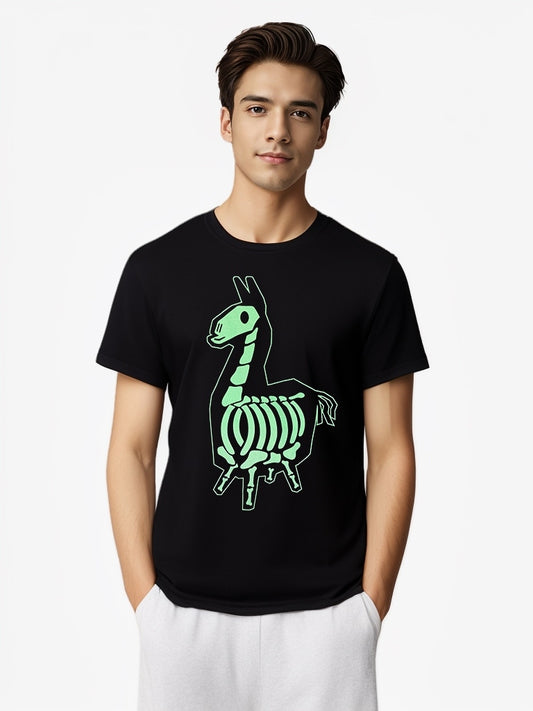 Male model wearing Fortnite skeleton llama graphic tee with glow-in-the-dark design