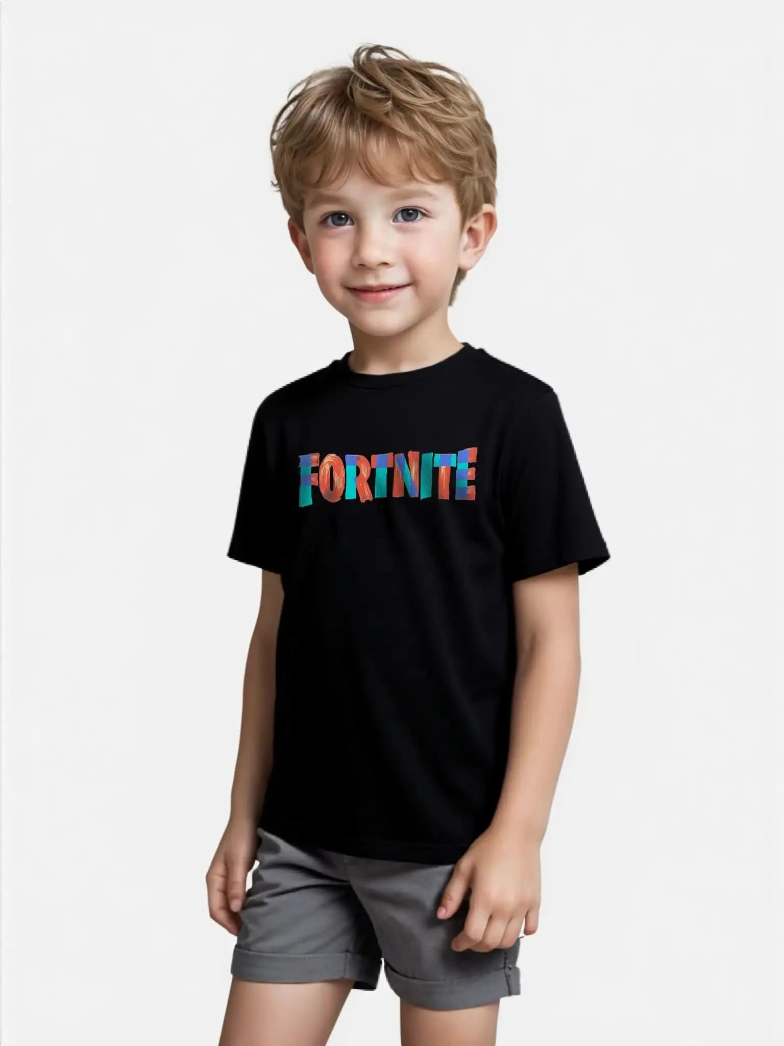 Young boy wearing Fortnite black T-shirt with colorful logo, unisex fit for kids, standing pose.