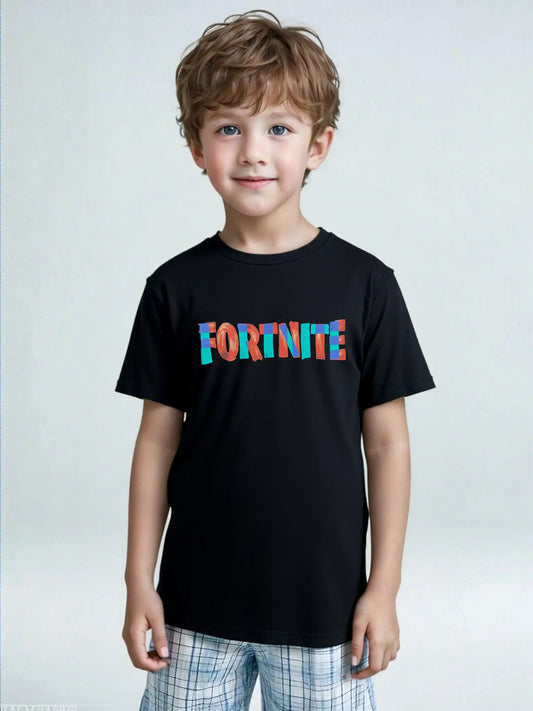 Young boy wearing black Fortnite T-shirt with bold multicolor logo, unisex kids fit for gamers or casual wear.