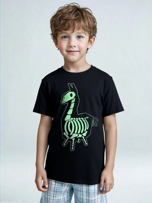 Young boy wearing a black Fortnite skeleton llama T-shirt and plaid shorts, unisex kids fit with green graphic print.