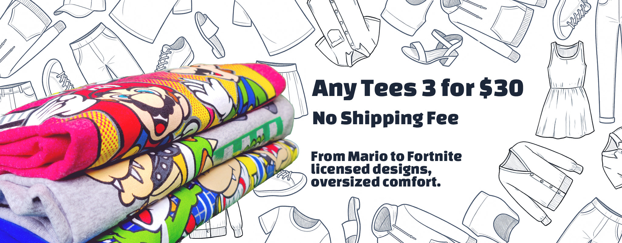 Folded stack of colorful licensed graphic tees including Super Mario™ and other characters, promoting teen-size T-shirt bundle deal of 3 for $30 with free shipping