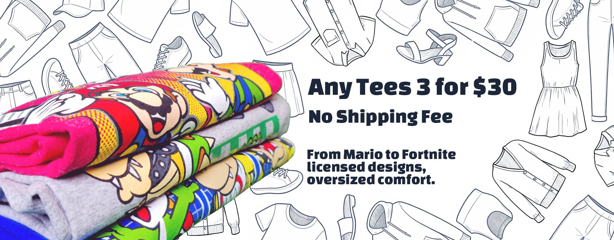 Folded stack of colorful licensed graphic tees including Super Mario™ and other characters, promoting teen-size T-shirt bundle deal of 3 for $30 with free shipping