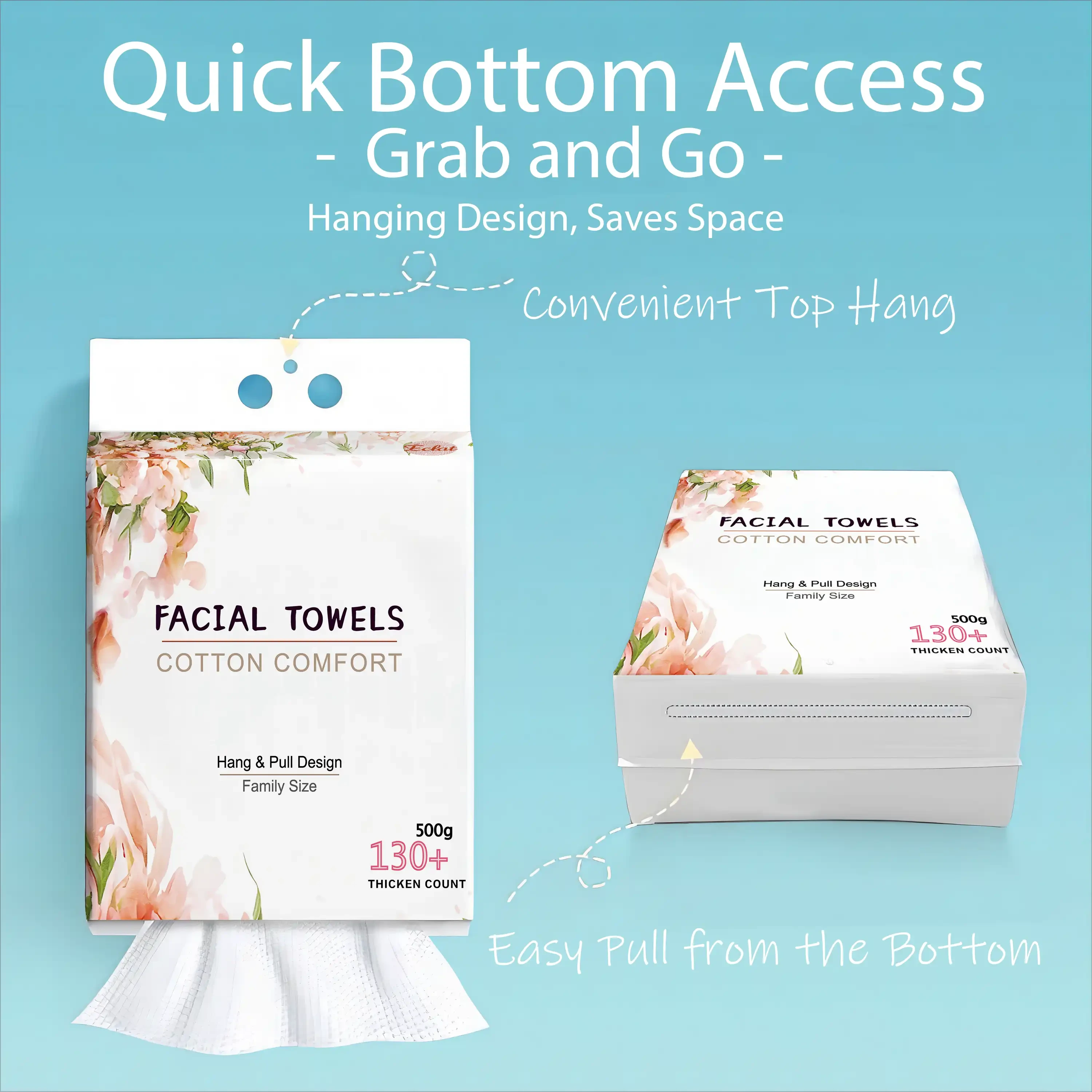 Disposable facial towels with top hanging hole and easy bottom-pull opening, featuring 130+ thick sheets in space-saving floral packaging.