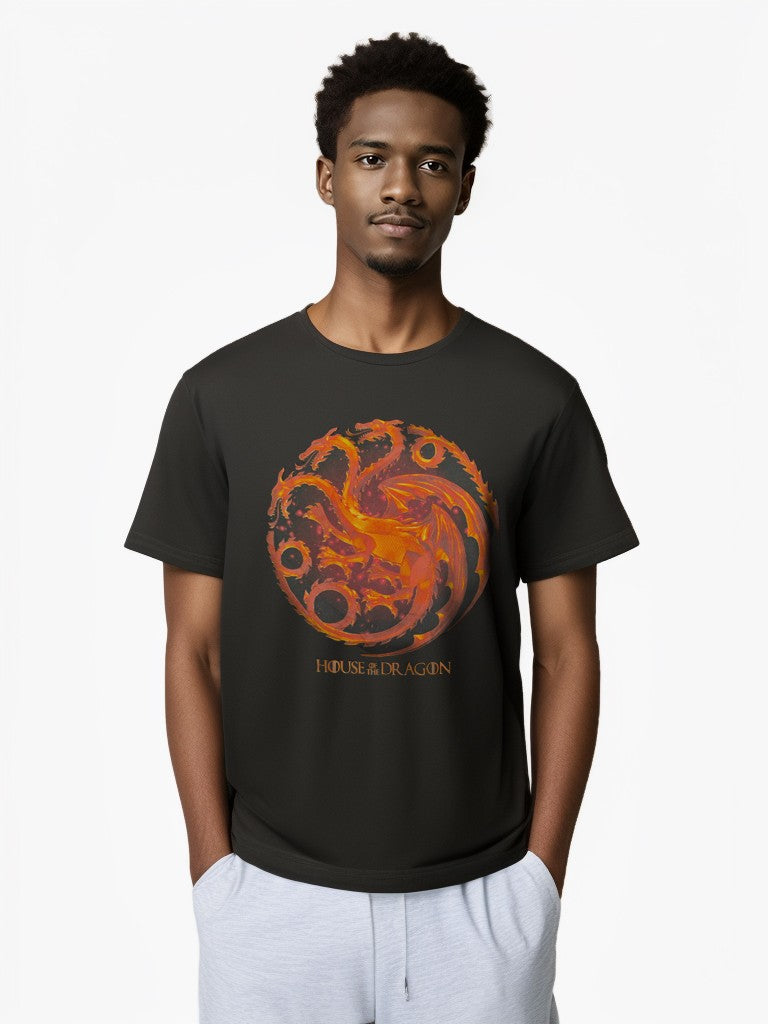 Front view of House of the Dragon black graphic tee with fiery Targaryen sigil design