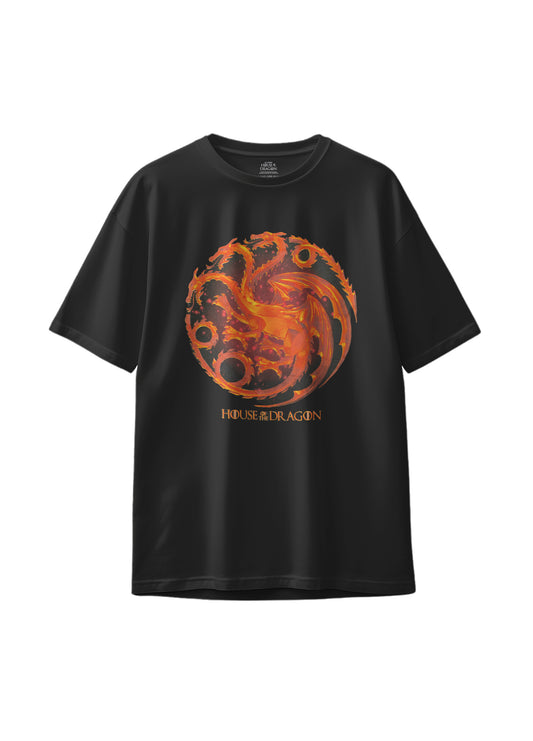 Front view of House of the Dragon black graphic tee with fiery Targaryen sigil design