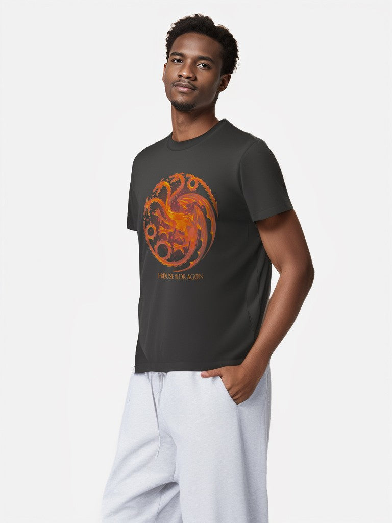 Side view of model wearing House of the Dragon T-shirt in black with fantasy flame dragon print