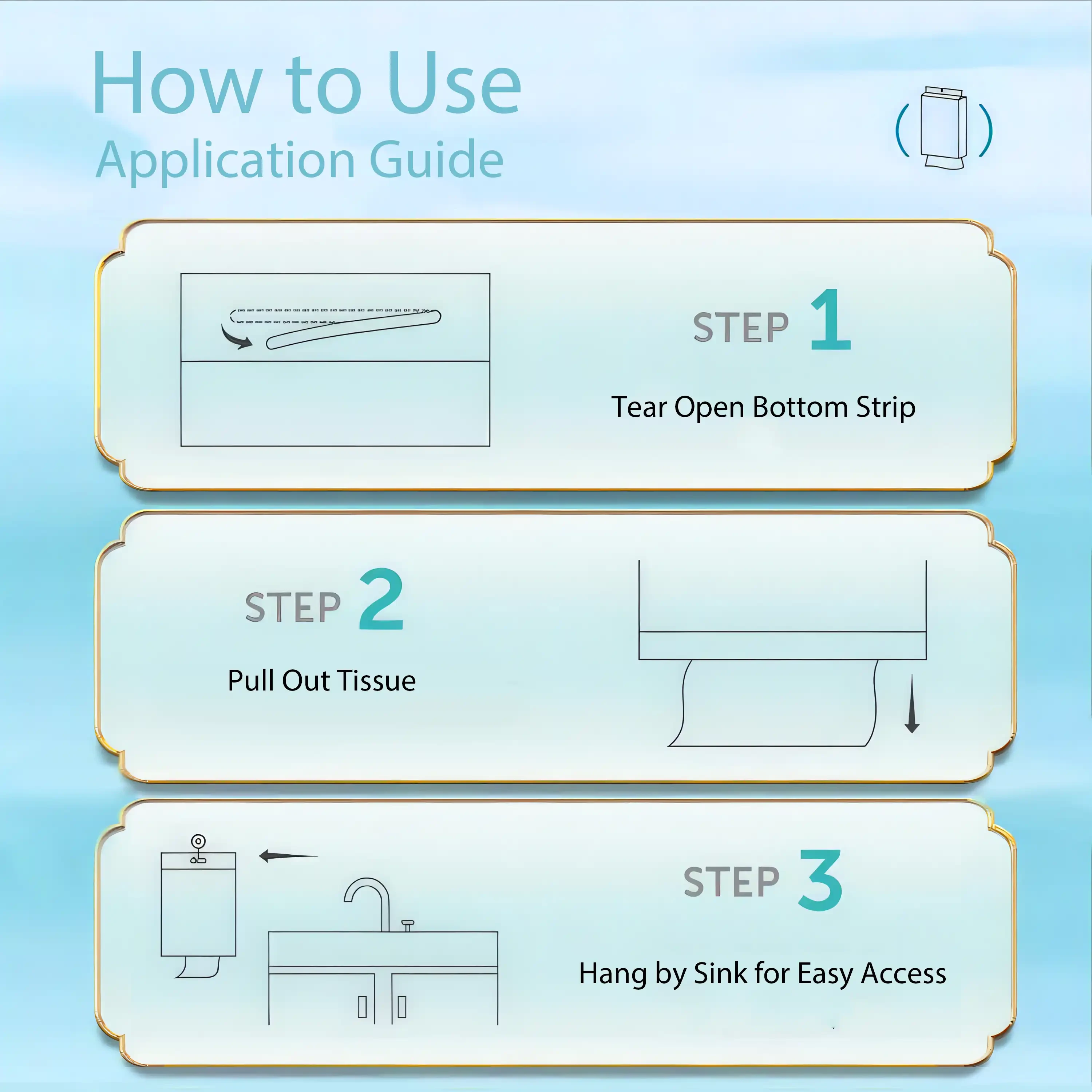 Step-by-step visual guide showing how to use disposable facial towels: tear open bottom strip, pull out tissue, and hang by the sink for easy access.