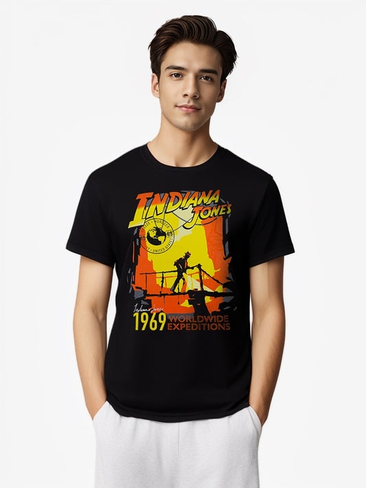 Model wearing Indiana Jones 1969 graphic T-shirt – front view for young men