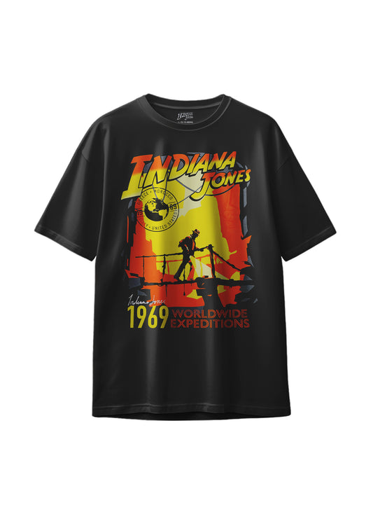 Indiana Jones black graphic T-shirt featuring bold yellow and red expedition design, flat lay front view
