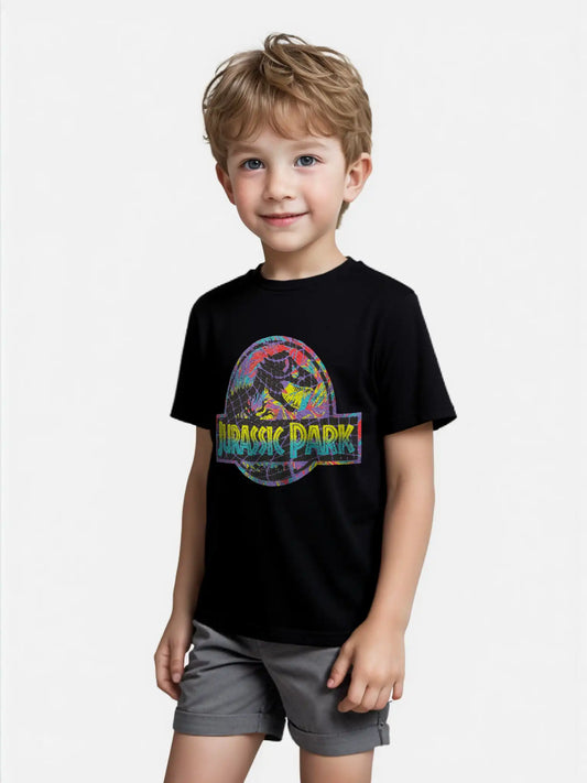Child wearing black Jurassic Park thermal graphic T-shirt with multicolor cracked logo
