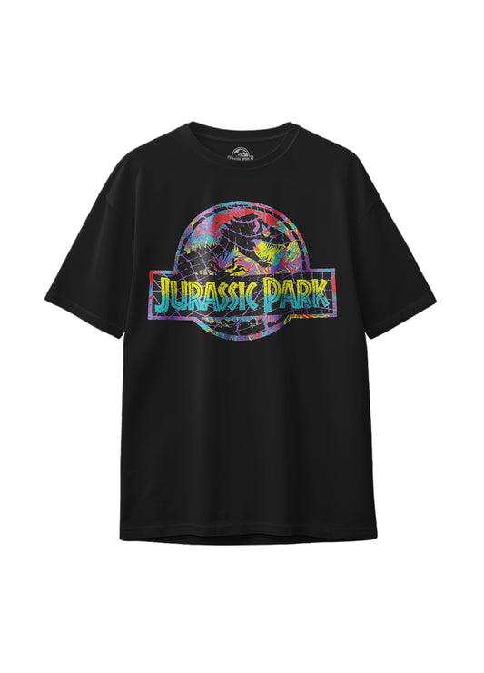 Black Jurassic World T-shirt flat lay with colorful thermal-style dinosaur logo and cracked texture design