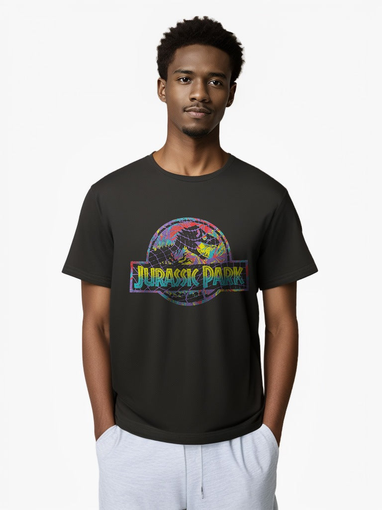 Front view of black Jurassic World Thermal Park T-shirt featuring a vivid multicolor dinosaur logo