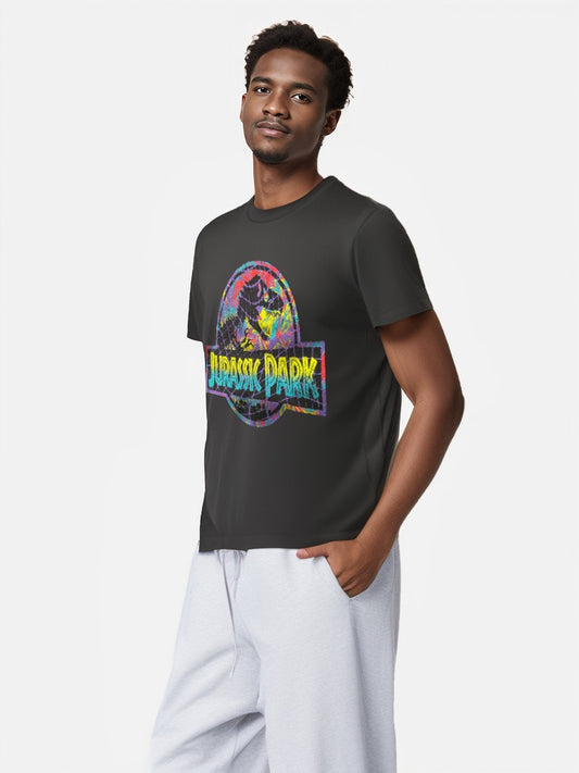 Model wearing black Jurassic World Thermal Park T-shirt with colorful neon dinosaur graphic, side view
