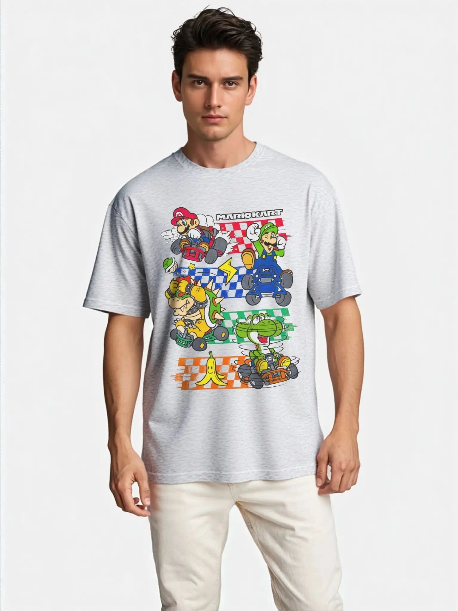 Front view of adult model wearing Mario Kart™ licensed character graphic t-shirt in heather gray featuring Mario, Luigi, Bowser, and Yoshi.