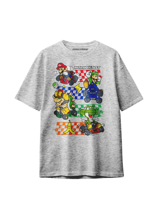 Flat lay of Mario Kart™ licensed character graphic t-shirt for teens featuring colorful racer print on soft cotton heather gray fabric.