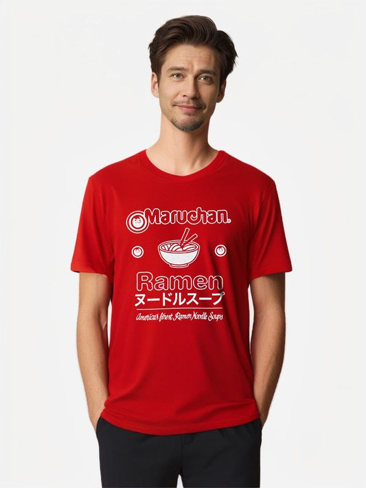 Model wearing Maruchan™ Ramen Graphic Tee in red with white noodle bowl print, unisex fit.