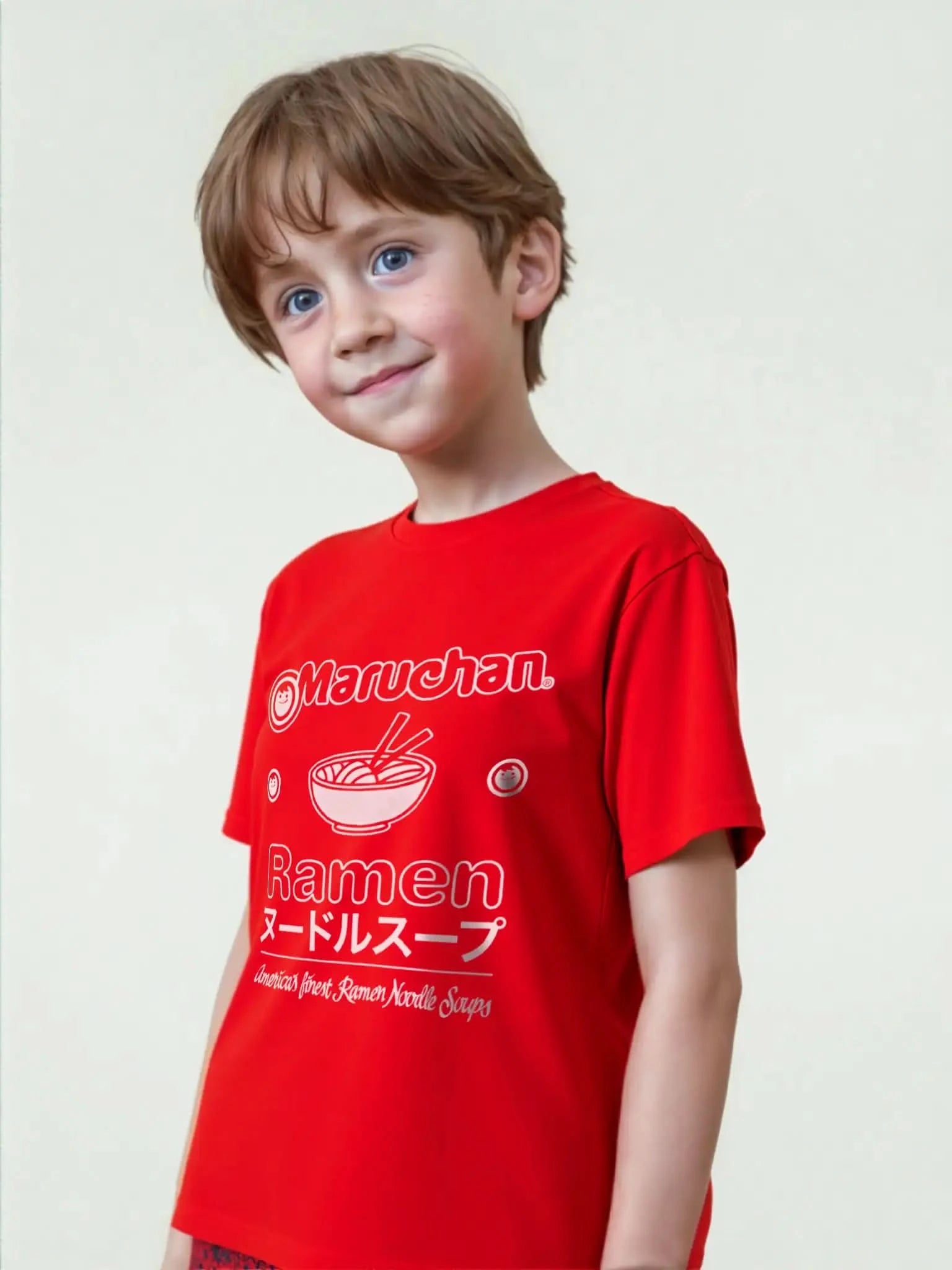Young boy wearing a red Maruchan ramen graphic T-shirt with Japanese noodle bowl print, unisex kids fit, perfect for ramen fans.
