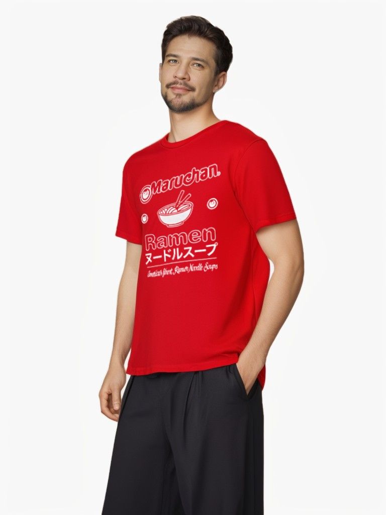 Side view of model wearing Maruchan™ Ramen Graphic Tee, vibrant red with ramen bowl graphic.