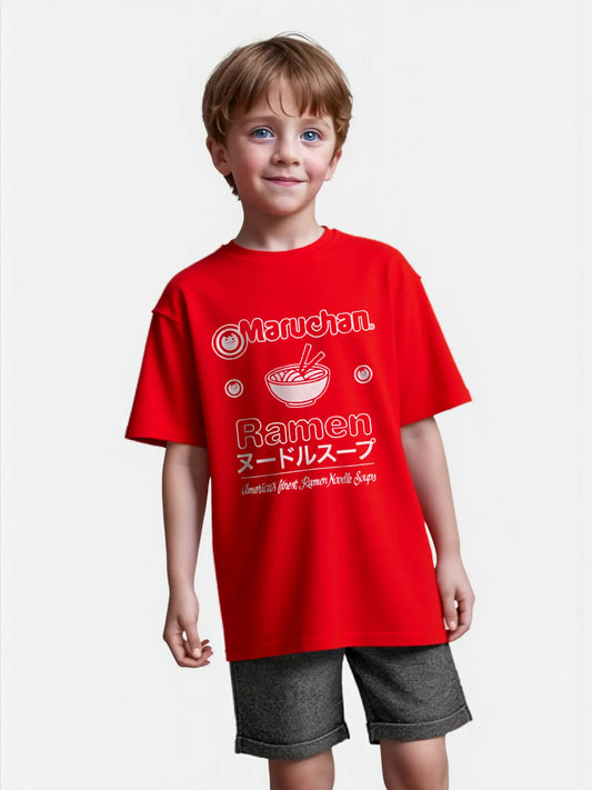 Smiling child wearing a full red Maruchan ramen noodle T-shirt with Japanese graphic design, unisex kids fit, perfect for casual wear or foodie-themed outfits.
