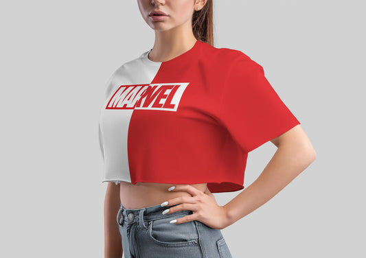 Model wearing Marvel Crop Logo Tee in Red and White – Girls' Split Color Graphic T-Shirt 100% Cotton.