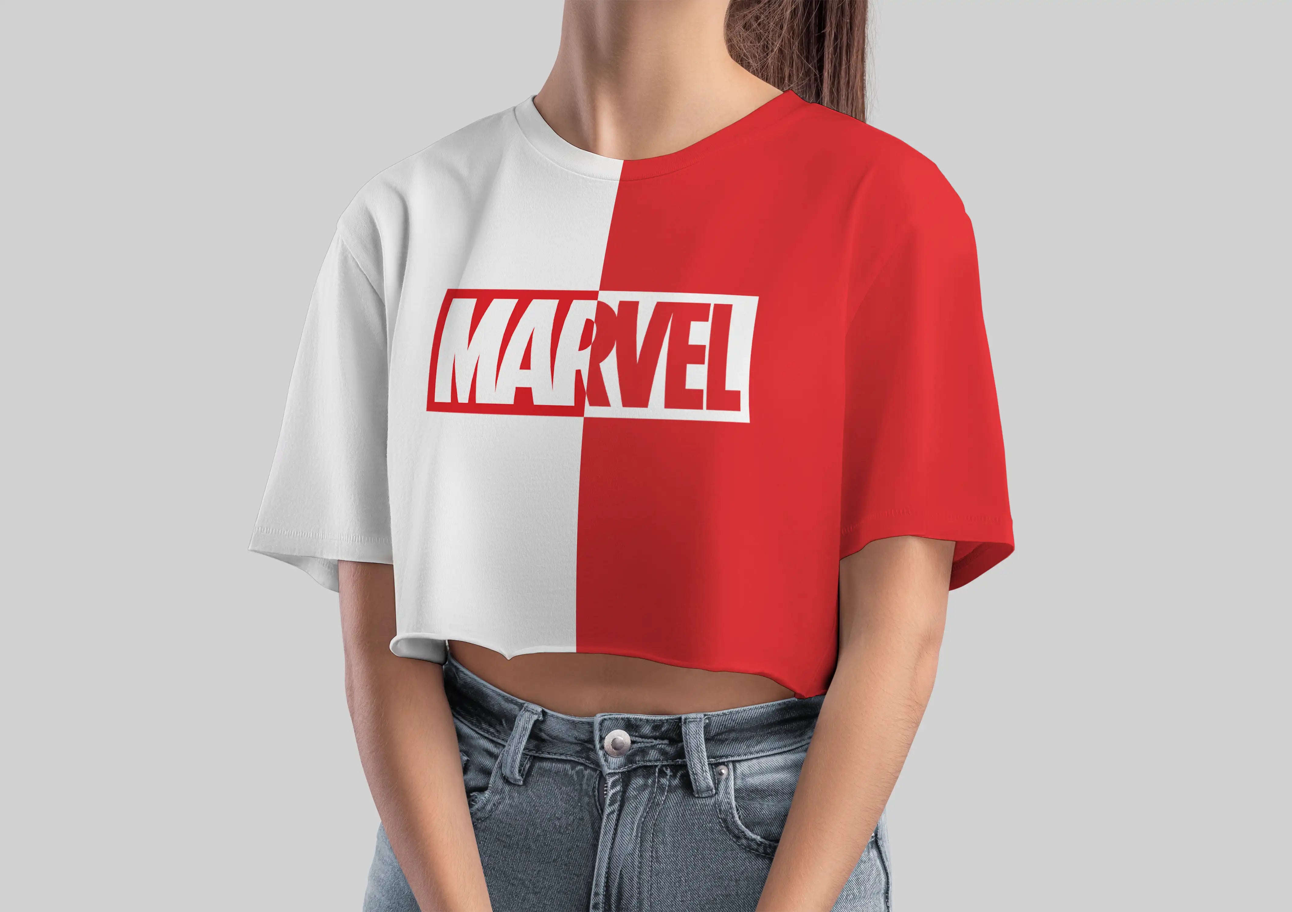 Front view of Marvel Girls Crop Tee with Split Red and White Logo – Graphic Cotton T-Shirt for Teens.