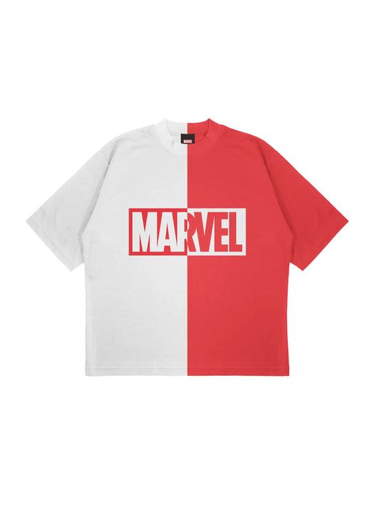 Marvel Split Logo Graphic Tee in Red and White – Unisex Fit 100% Cotton T-Shirt.
