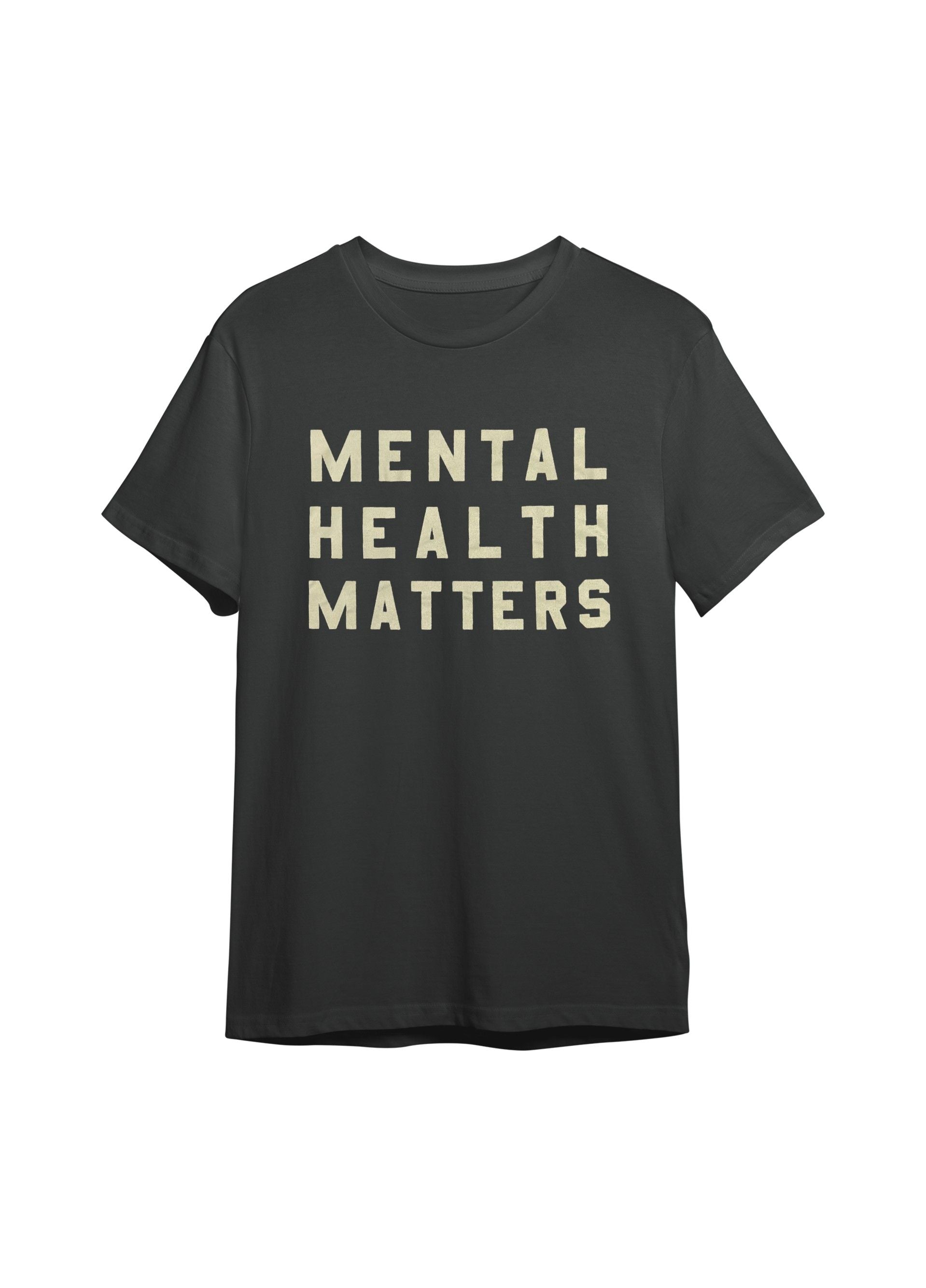 Flat lay of Mental Health Matters graphic T-shirt in black.