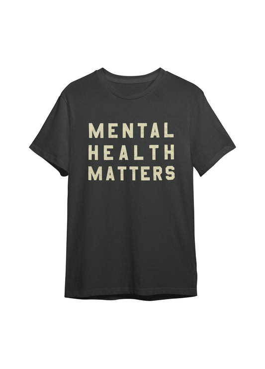 Flat lay of Mental Health Matters graphic T-shirt in black.