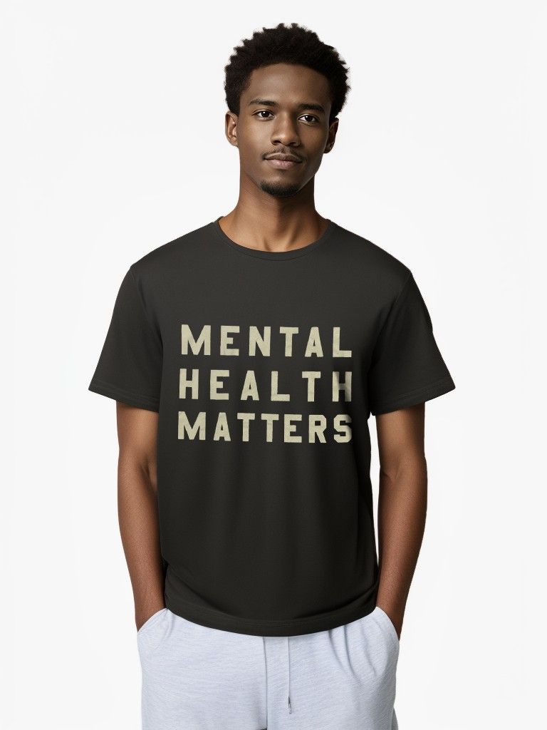 Model wearing Mental Health Matters graphic T-shirt, front view.