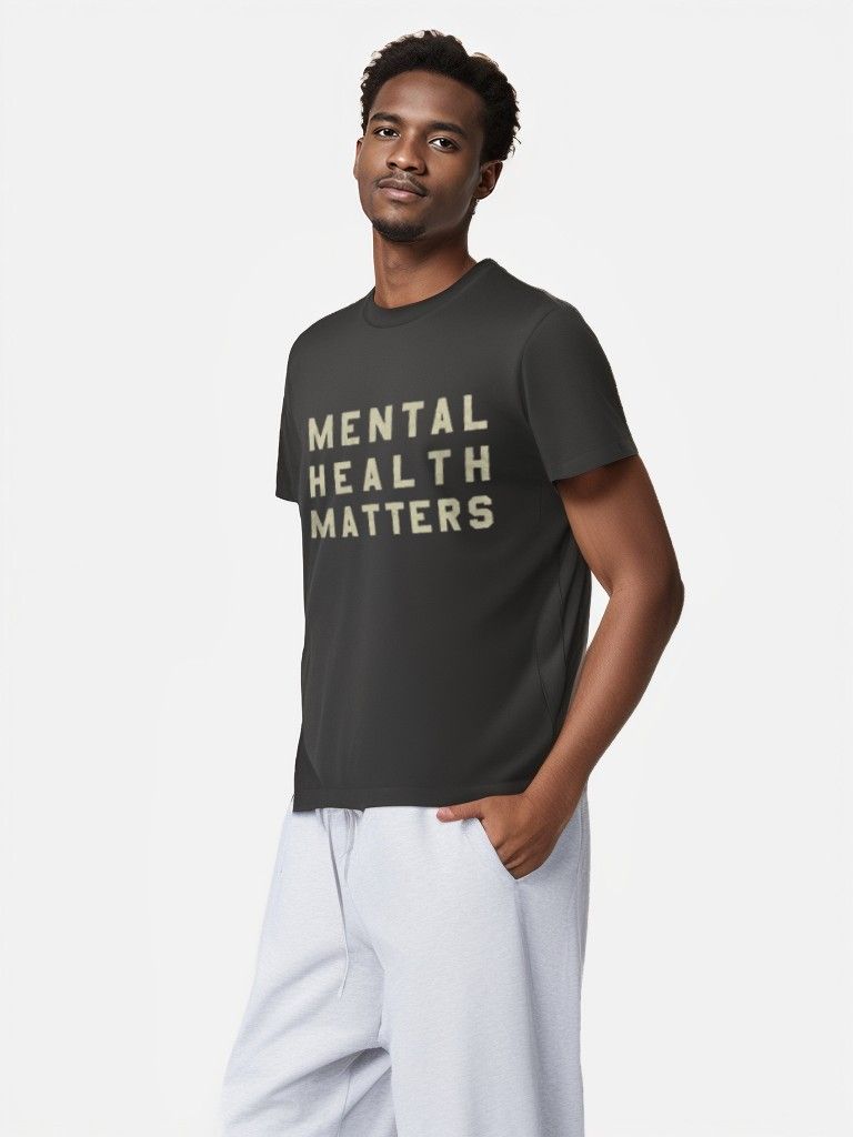 Model wearing Mental Health Matters graphic T-shirt, side view.