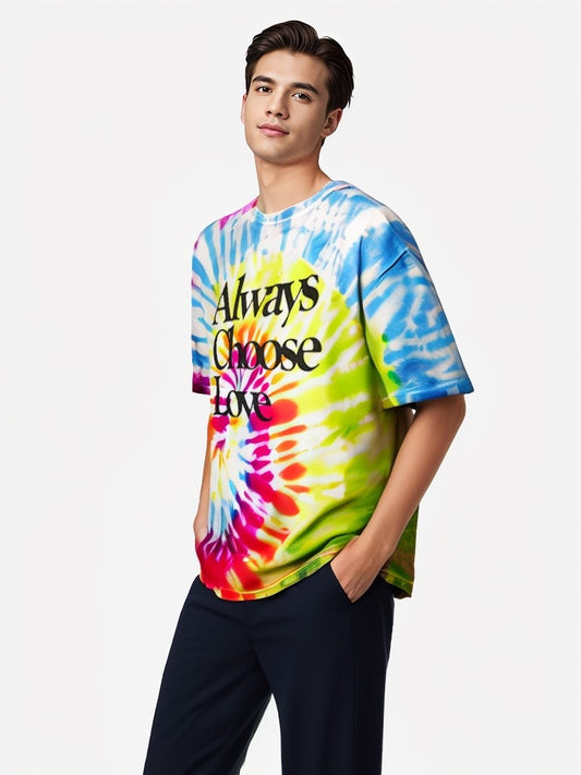 Side view of model wearing Mighty Fine tie-dye T-shirt with Always Choose Love slogan