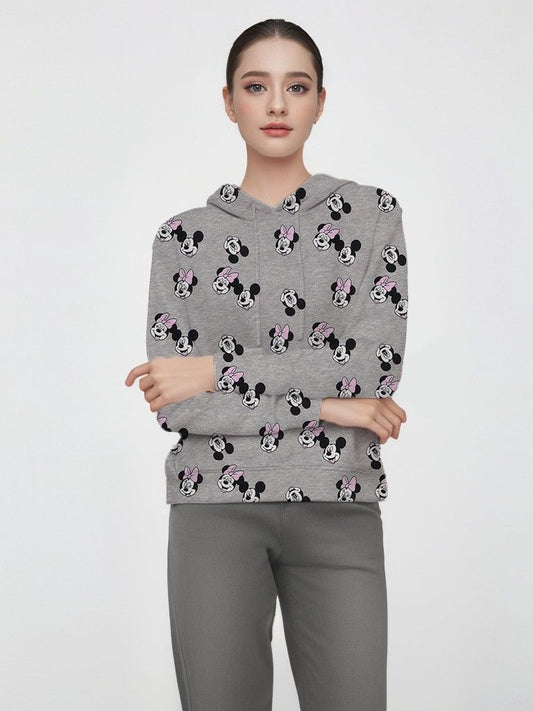 Teen girl wearing a Disney Mickey and Minnie gray hoodie, soft cotton blend with fun expressions print, size 14 or 16