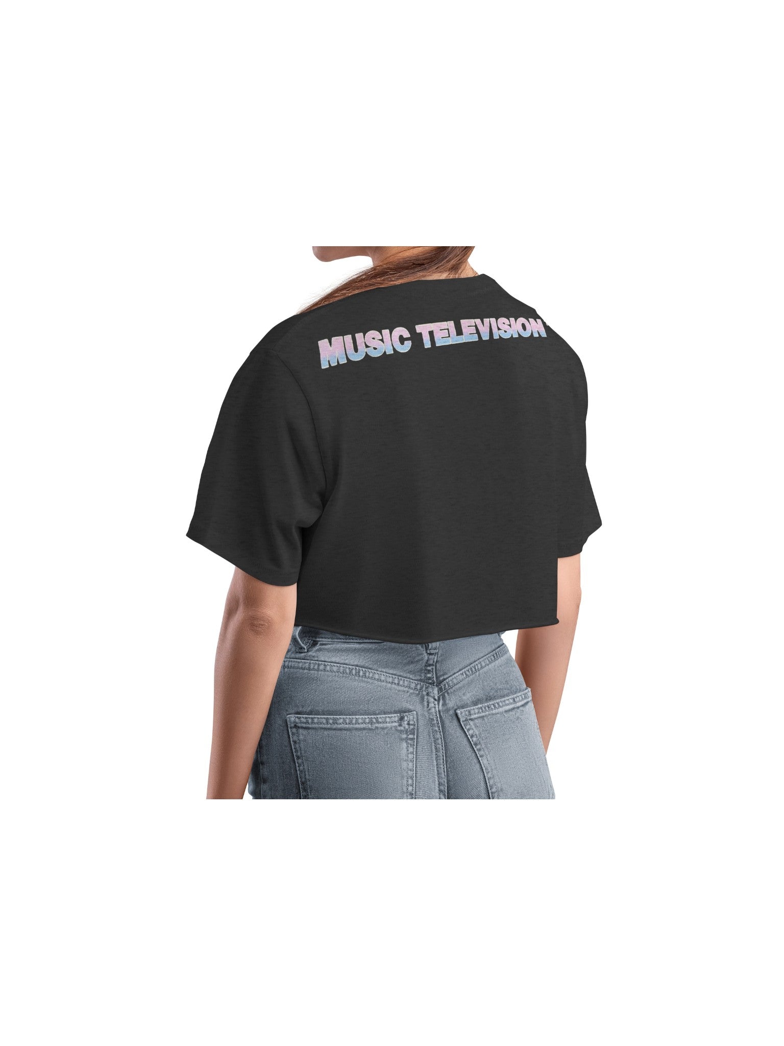 MTV Desert Graphic Crop Tee back view on model in black