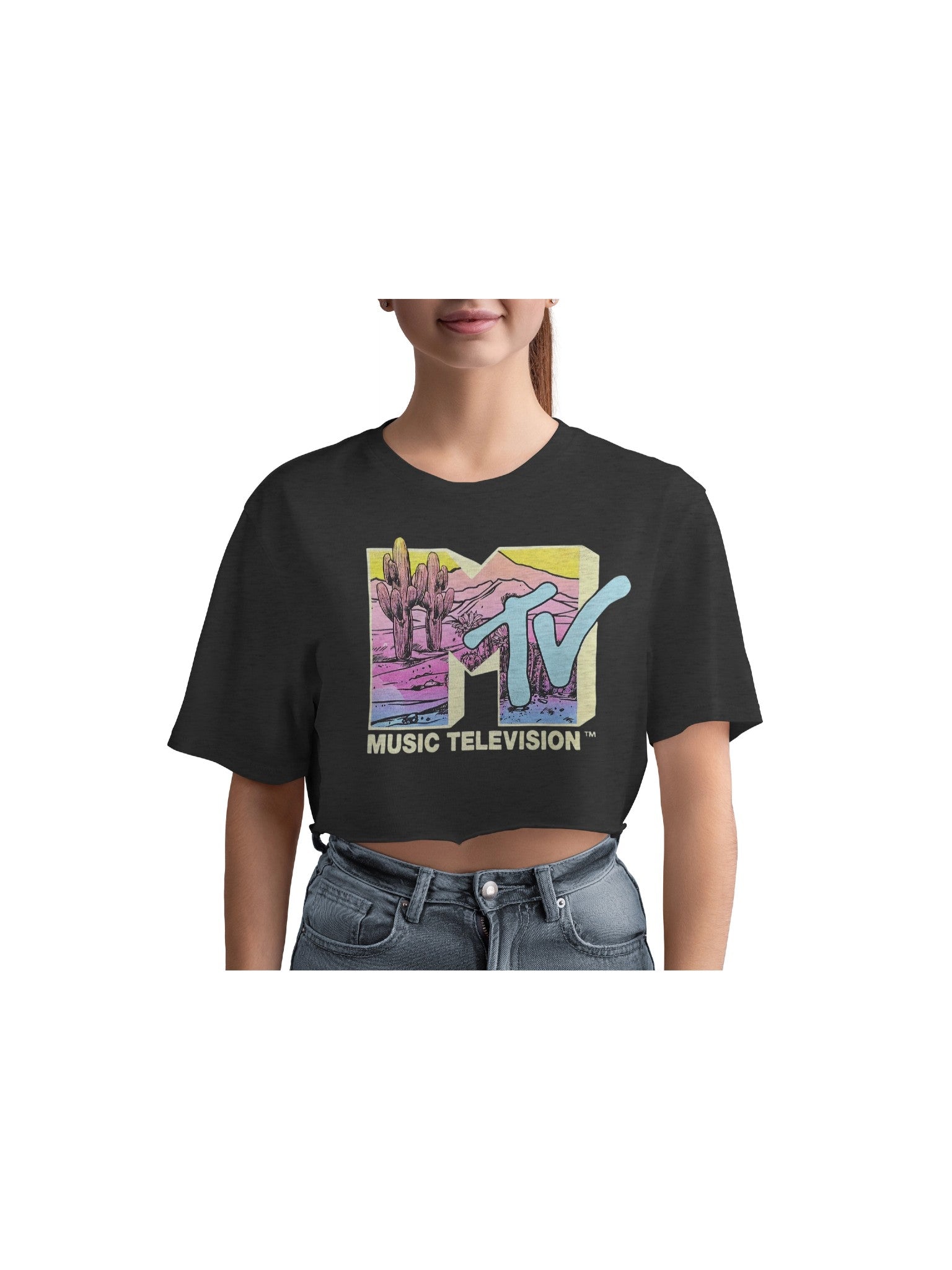 MTV Desert Graphic Tee front view with colorful MTV logo on model
