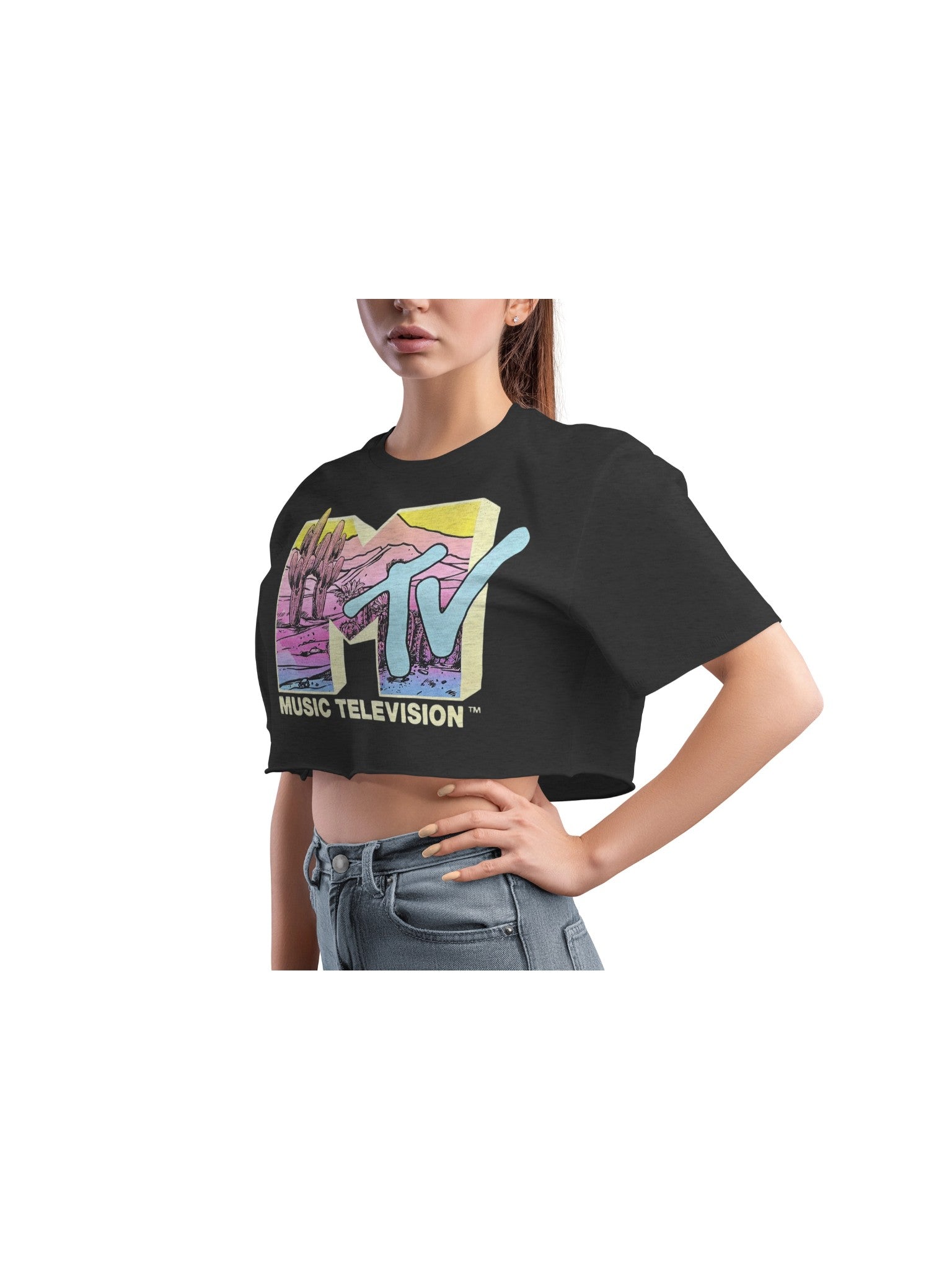 MTV Desert Crop Top featuring pastel desert logo on model side view