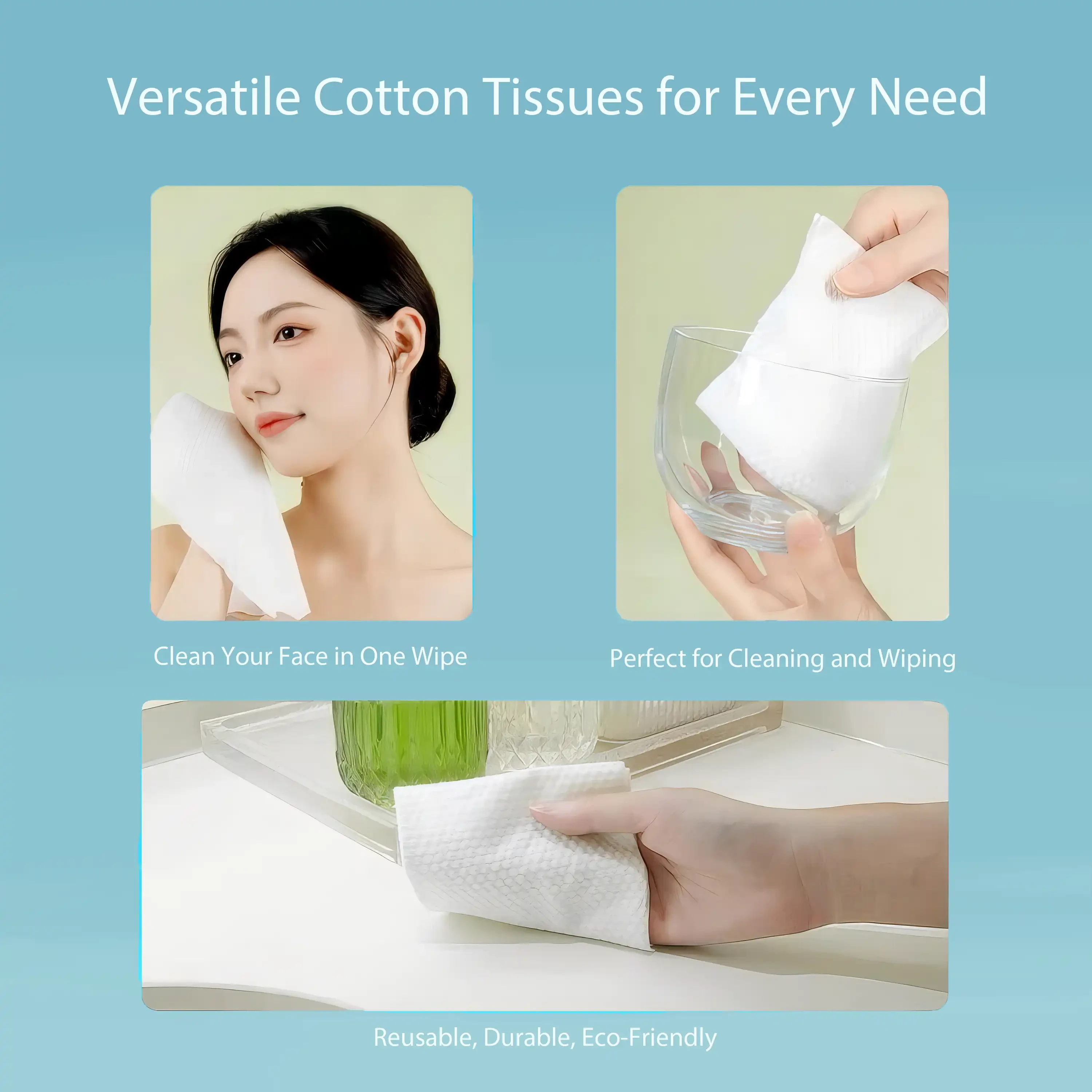 Reusable cotton facial towels shown used for facial cleansing, glass wiping, and surface cleaning—soft, durable, and eco-friendly for everyday use.