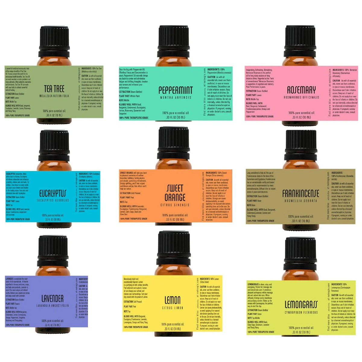 Back labels and ingredients list of Natrogix essential oils: Tea Tree, Peppermint, Rosemary, etc.