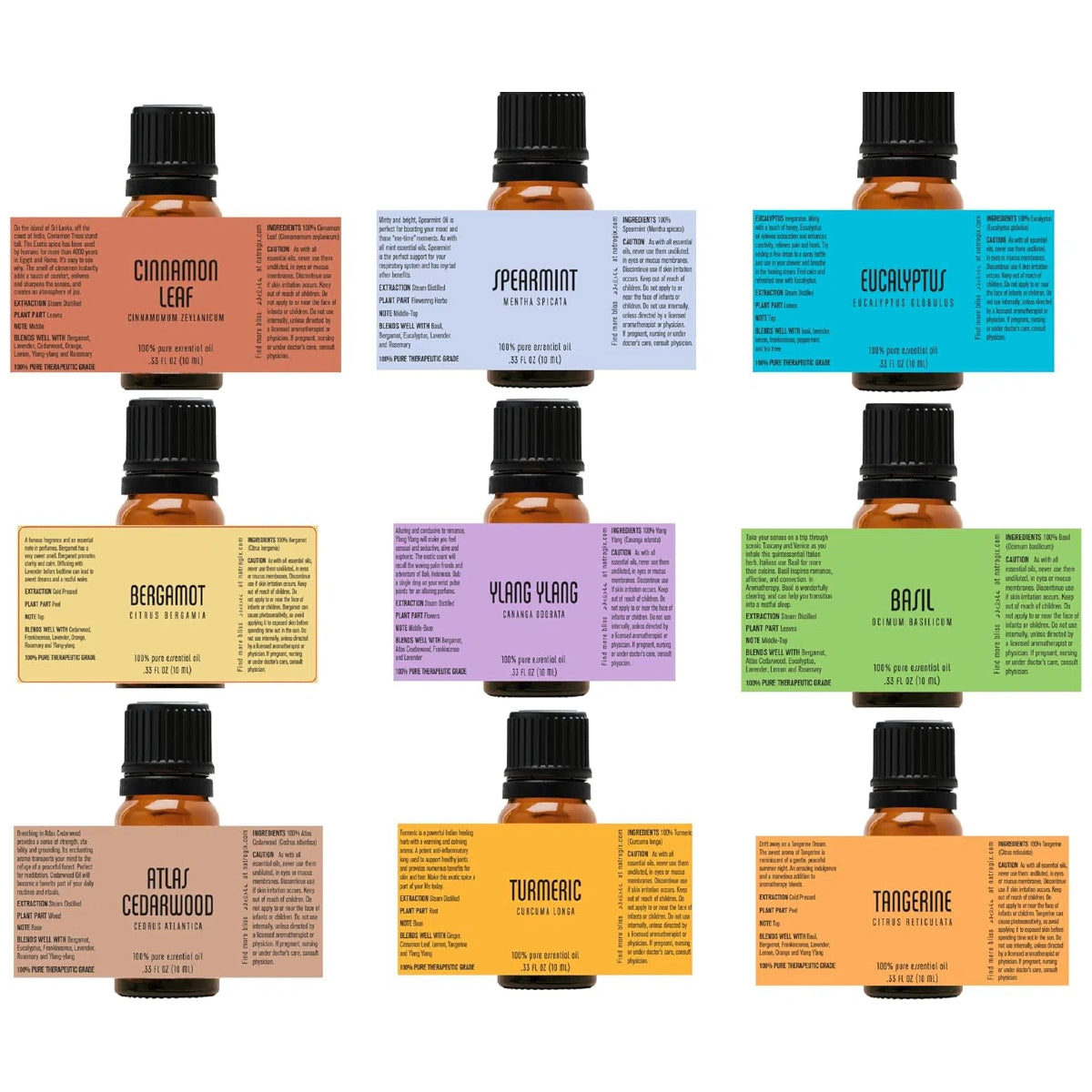 Back labels and details of Natrogix essential oils: Cinnamon, Spearmint, Ylang Ylang, etc.