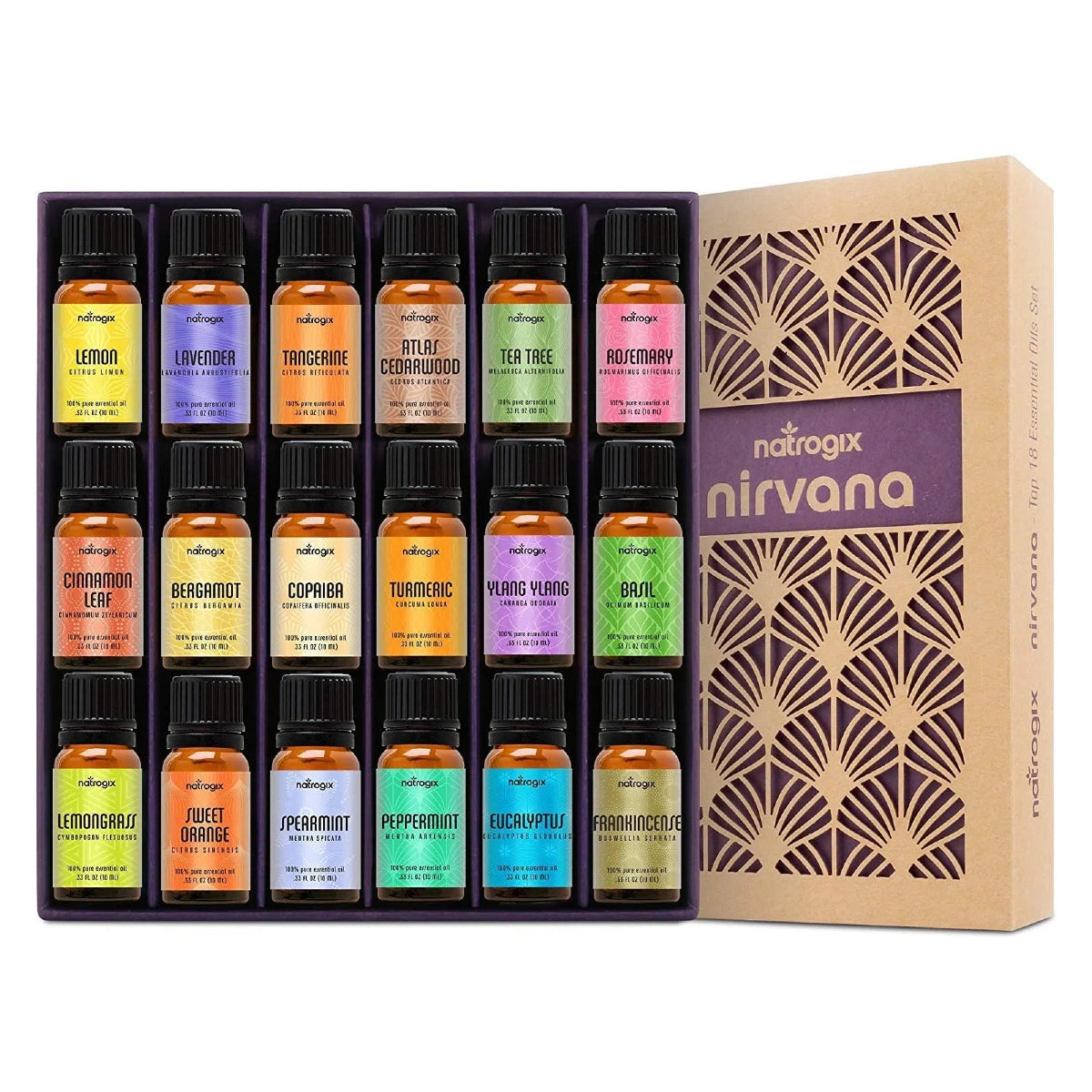 Complete Natrogix Nirvana essential oil set with all 18 bottles in display box