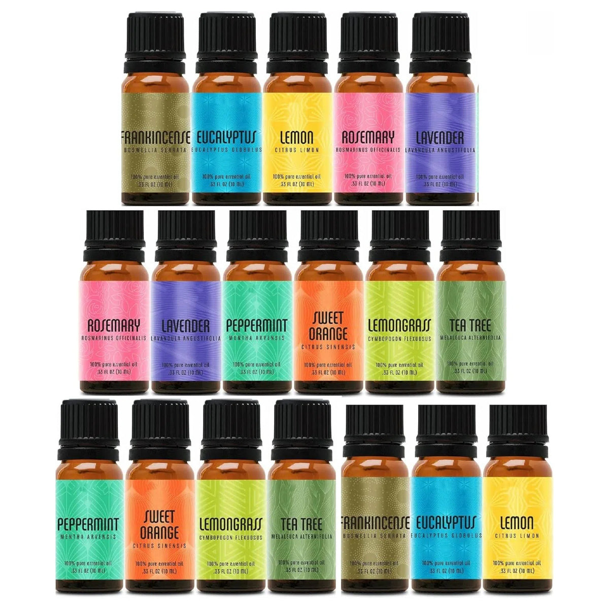 18-bottle Natrogix Nirvana essential oil collection with labeled individual bottles