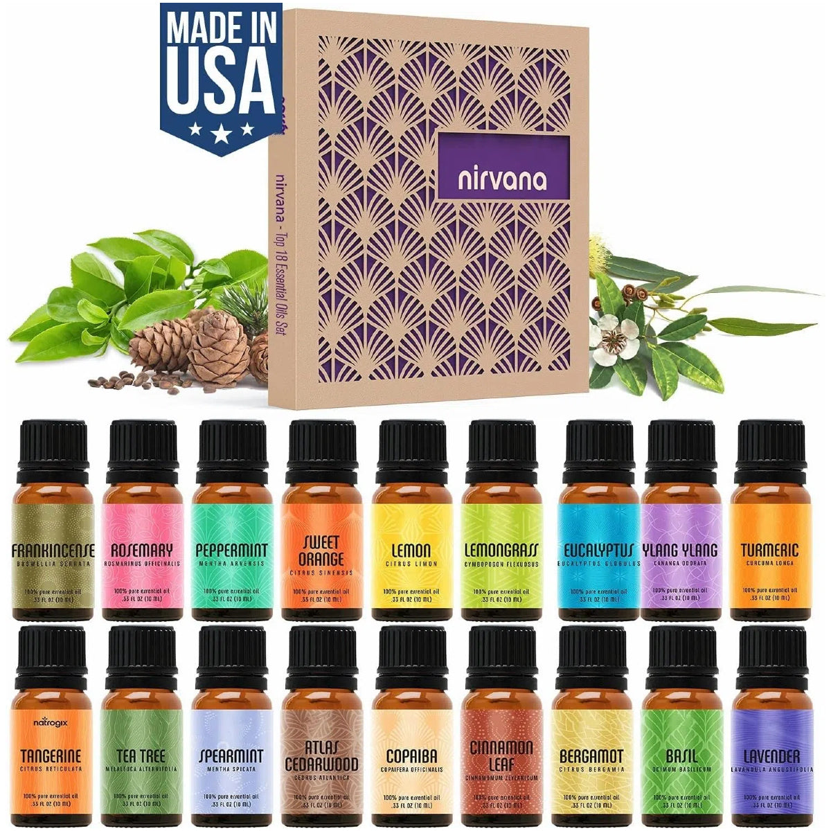Natrogix Nirvana essential oils set with natural ingredients and Made in USA label