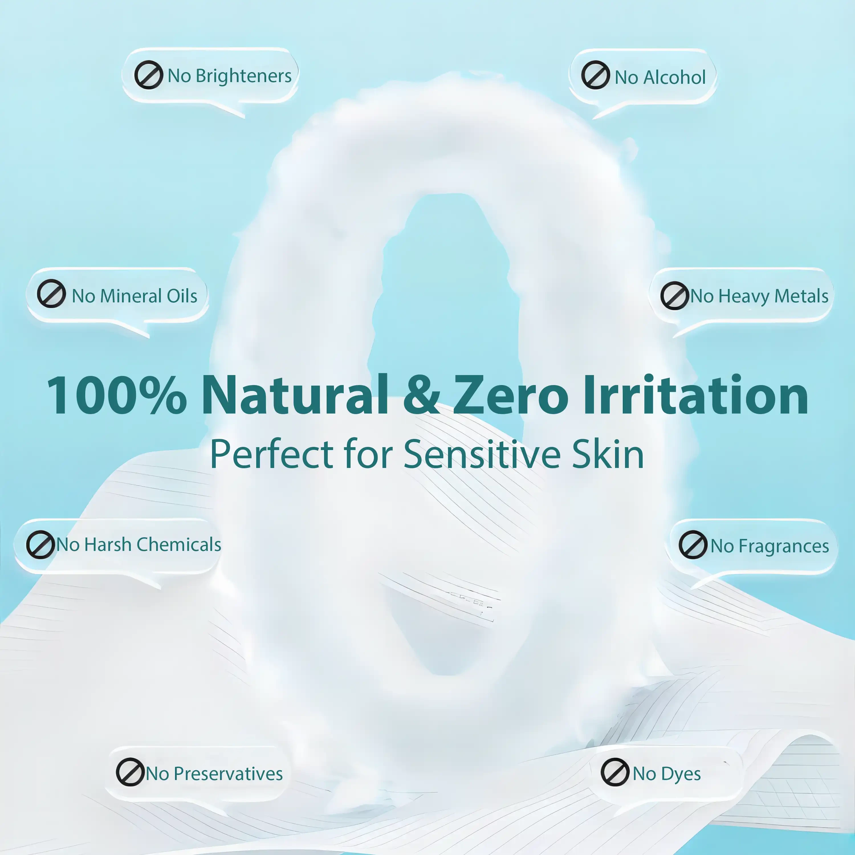 100% natural and irritation-free facial tissues ideal for sensitive skin, free from alcohol, preservatives, fragrances, dyes, and harsh chemicals.
