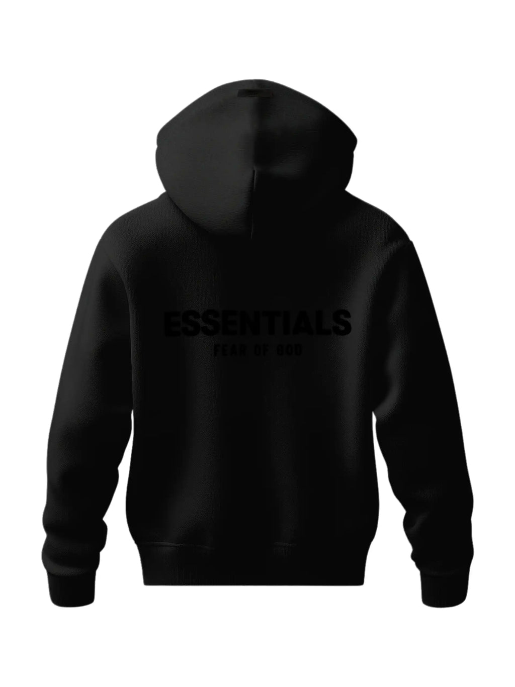 Back view of oversized heavyweight black hoodie with relaxed fit and tonal back embossing