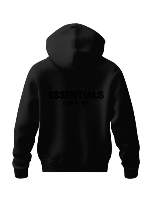 Back view of oversized heavyweight black hoodie with relaxed fit and tonal back embossing