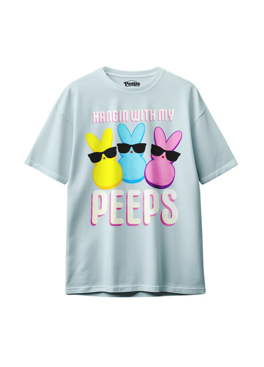 Light blue Peeps Easter graphic t-shirt with pastel bunny design and Hangin' With My Peeps slogan – unisex kids and adult fit.