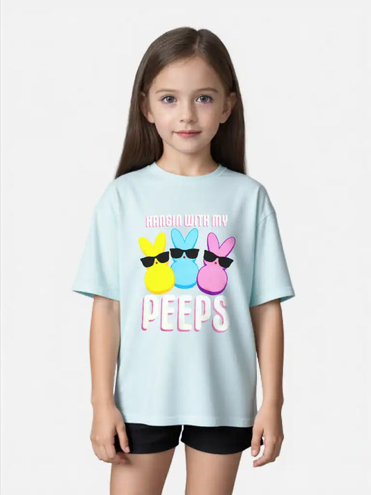 Girl wearing Peeps Easter graphic tee with pastel bunny print and Hangin' With My Peeps slogan in light blue.