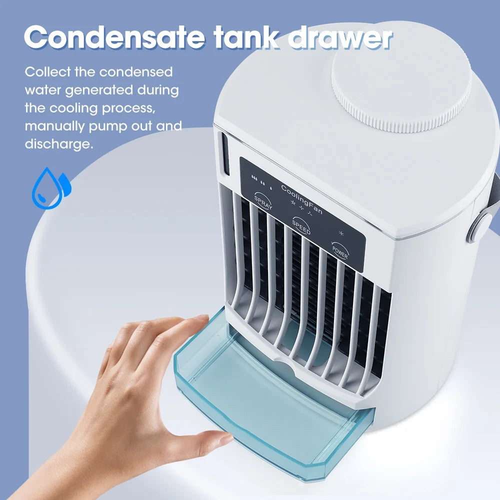 Portable air conditioner showing condensate tank drawer for collecting and draining water