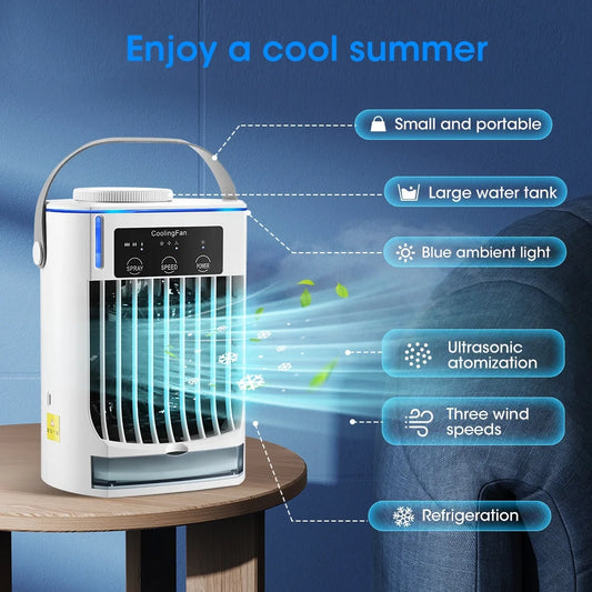 Portable air conditioner fan with large water tank, ultrasonic atomization, and three wind speeds
